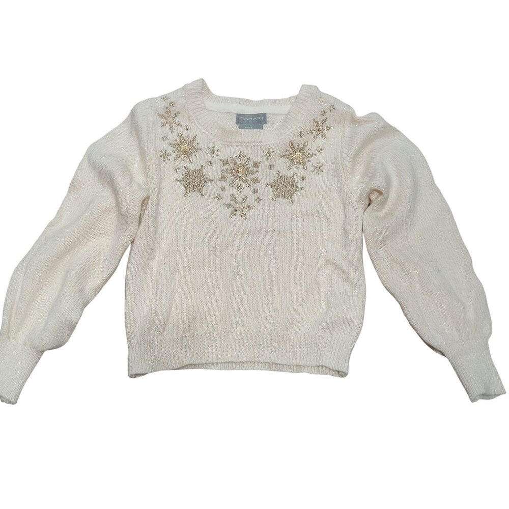 Tahari Girls 4T Ivory Knit Sweater Gold Snowflake Sequin Beaded Holiday Winter